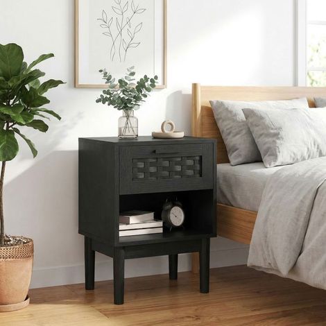 Set aus 2 Nachttischen mit 1 Schublade und offenen Fächern, Stauraum für Schlafzimmer oder Wohnzimmer, schwarz