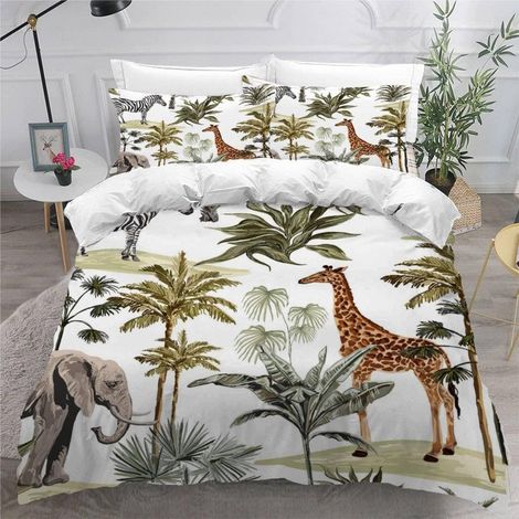 Duvet Cover 140 x 200 cm Elephant Giraffe with Zip Jungle Animals Bedding Set Single Child Girl Boy Microfibre Bedding Set with 2 Pillowcases