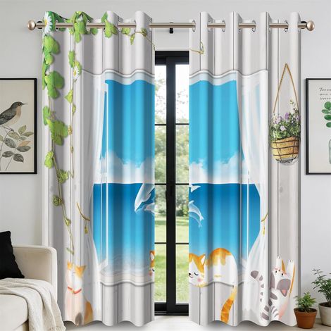 Rideaux occultants 140x260cm Motif Chat de Dessin animé, pour Chambre d'enfant, Style rétro, Effet océan, en Bois, Lot de 2 Panneaux, Isolation Thermique, imprimés, avec œillets - 140L X 260H cm (2 Pa (1/5)