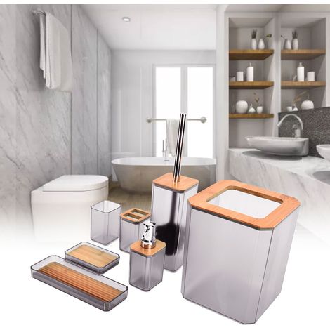 7-teiliges Badezimmer-Accessoire-Set aus Bambus und ABS: Seifenhalter, Toilettenbürste, Grau (1/5)