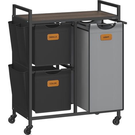 Vasagle – Panier à linge 3 compartiments 100 L – Chariot mobile avec roulettes – Poches latérales et 6 étiquettes pour tri facile – Acier et tissu Oxford (1/5)