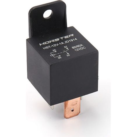 Relais 80 A 12 V à quatre broches avec boîtier plastique et support pour dispositifs antivol et phares de voiture. (Cette dernière partie est une répétition de la phrase précédente et peut être omise.