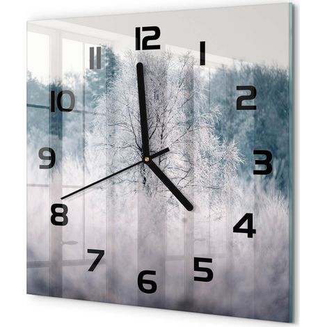 Horloge Murale Carrée Moderne Décorative Verre Trempé Élégante Salon Arbres en hiver 30x30 cm