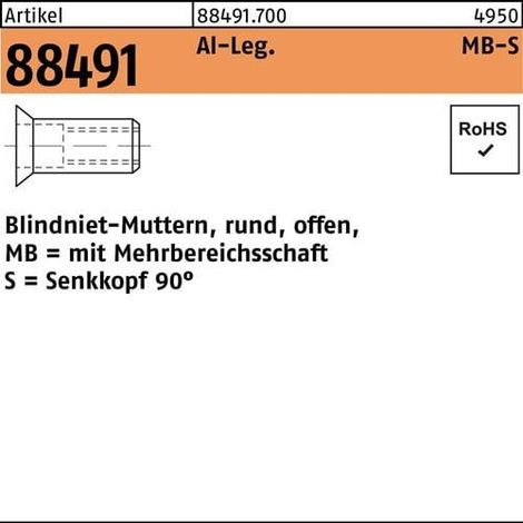 Écrou à sertir en aveugle R 88491 SEKO M4/1,5 - 6,0 aluminium 500 pièces
