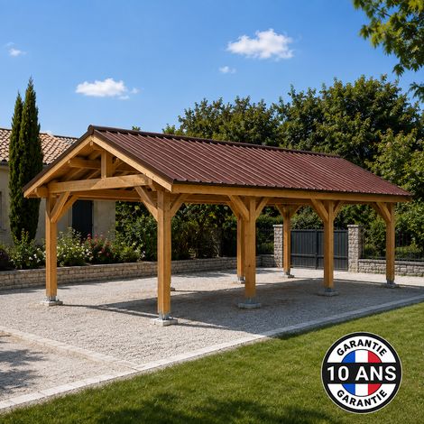 Carport bois 2 pentes en bois douglas 28 m², 6 poteaux avec pieds de poteaux fixes. Abri voiture extérieur. Garantie 10 ans. (1/5)