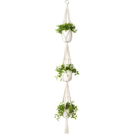 Suspension pour plantes en macramé à 3 niveaux pour intérieur et extérieur, panier à plantes suspendu en corde de coton avec perles, 177 cm Support et plateau pour jardinière (1/5)