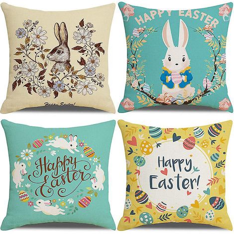 4-teiliges Osterkissenbezug-Set: Hasen- und Osterei-Motiv, weiche Dekokissenbezüge aus Baumwoll-Leinen-Mischgewebe für Sofa, Büro, Bett, Feiertage und Ostern (1/5)