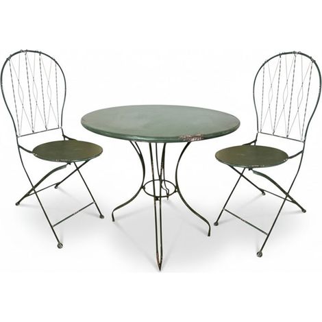 Ensemble Bistrot Table Ronde et 2 Chaises Pliantes Fer Vert Patiné 72x72x93cm
