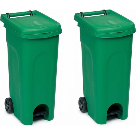 Set di 2 Bidoni Immondizia 80 Litri verde con Ruote Pedale e coperchio Pattumiera Differenziata  da Esterno e Interno Anello Ferma Sacco Contenitore Rifiuti per Giardino Cucina e Mense Made in Italy (1/5)