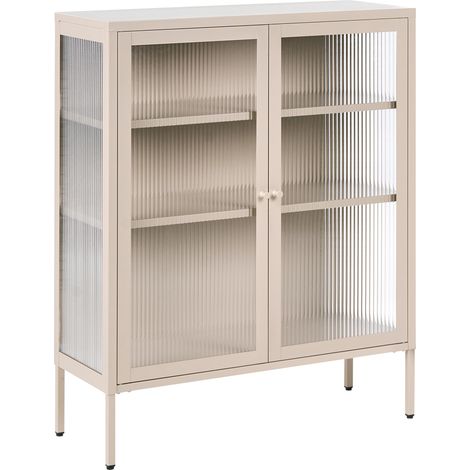 Aparador vitrina industrial moderno de acero 2 puertas y elementos de vidrio beige Lerryn