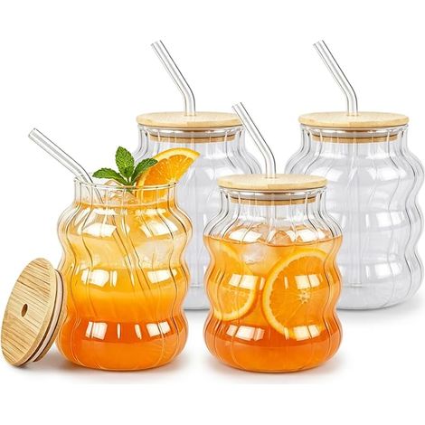 Bubble Glasses with Straw, Coffee Ribbed Glass Cups, Matcha Glass with Bamboo Lid, Ice Coffee Glasses for Cocktails Sodas Latte Macchiato Ice Coffee Smoothie Juice (1/4)