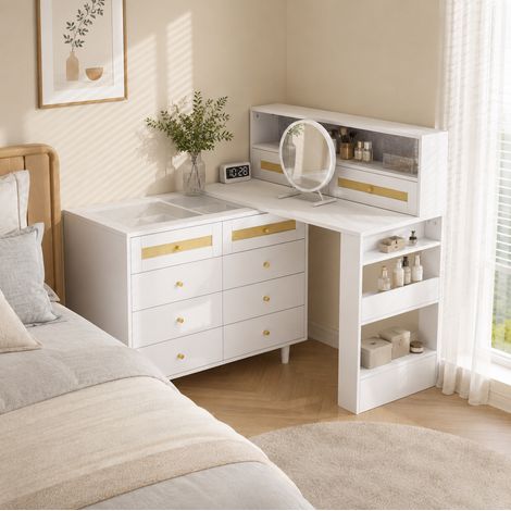 MODFU – Tocador 105x50x107,5 cm con espejo, 10 cajones, compartimento para joyas y tablero de vidrio templado – Blanco (1/5)