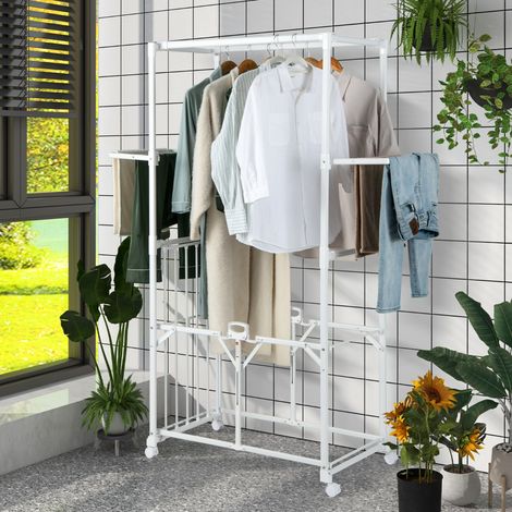 Étendoir à Linge Pliable en Aluminium de 174 CM avec Barres pour Suspendre et Étagères de Séchage Roues Universelles Porte-vêtements Blanc (1/3)