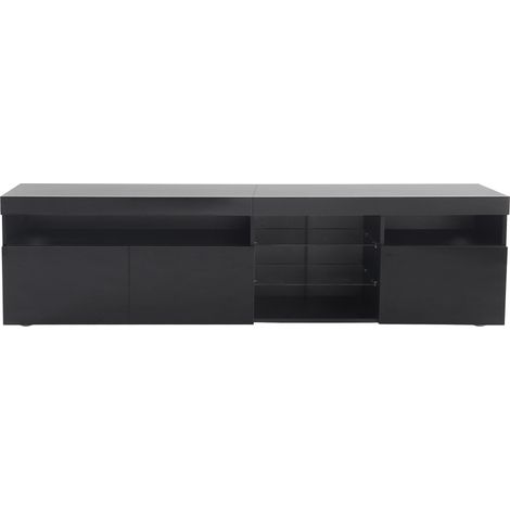 Meuble TV moderne noir avec LED variable et inserts en verre 180x35x48 cm MODENUIT (1/5)