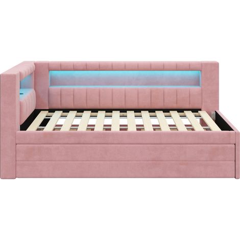 Letto a giorno imbottito 90x200 cm rosa con USB, LED, letto estraibile e 3 cassetti HOMVRA (1/5)