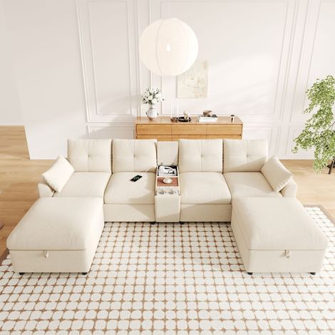 Canapé d'angle modulable 6-7 places 316x140cm - 2 poufs rangement console usb - tissu chenille - beige (1/5)