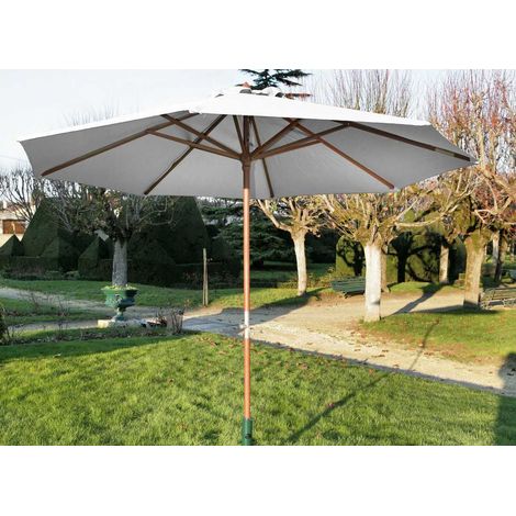 Parasol droit en eucalyptus 300 cm – Toile polyester 270 gr/m² traitée Téflon – Mât 38 mm avec manivelle – 8 baleines pour résistance – Proloisirs