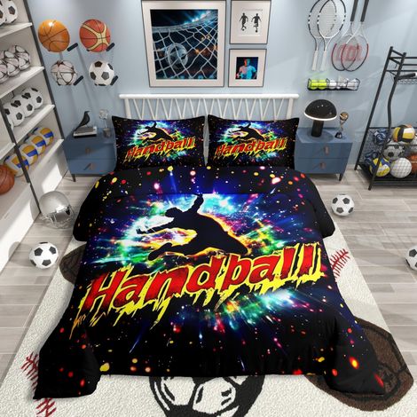 Parure de lit en microfibre douce avec housse de couette 135 x 200 cm, motif ciel étoilé coloré, thème handball, galaxie explosion, graffiti, pour enfants fans de handball (1/5)