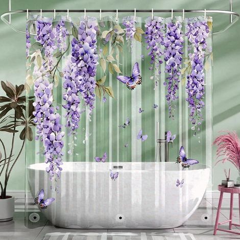 Rideau de douche transparent à fleurs 180 x 200 cm Anti-moisissure Imperméable En EVA Avec 12 crochets Pour salle de bain Motif D (1/5)