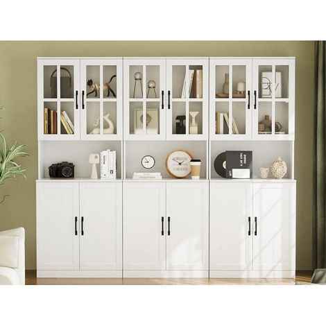 Hochschrank mit Glastüren und offenem Fach, 180 cm, 5 Ebenen, weiß (1/5)