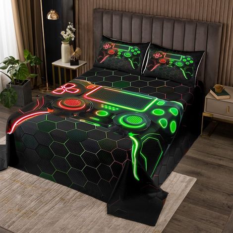 Garçons Couvre-Lit 260x240 Jeux Dessus de Lit Filles Enfants Adolescents Salle de Jeux Décoration Couverture de Lit,3D Vert Rouge Jeu Tapis Literie Géométrique Nid d'abeille Imprimé Literie - 260x240c (1/5)