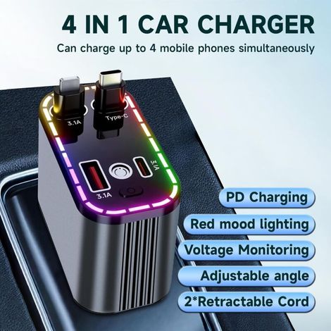 Caricabatterie da auto retrattile 4 in 1 - 152 W, caricabatterie rapido, spina accendisigari USB-C+L, compatibile con iPhone, Samsung Galaxy, Google Pixel (1/4)
