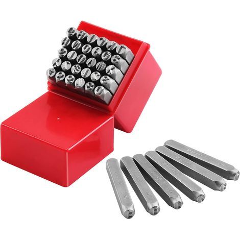 Gueenky 36-teiliges Stempelset mit Buchstaben und Zahlen, 6 mm Metallbuchstabenstanzer, A-Z und 0-9, zum Stempeln von Metall, Kunststoff, Holz und Leder (1/5)