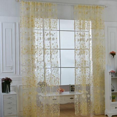 Voile Florale Jaune Translucide pour Salon, Chambre ou Bureau - 100x250cm avec Crochets (1/5)