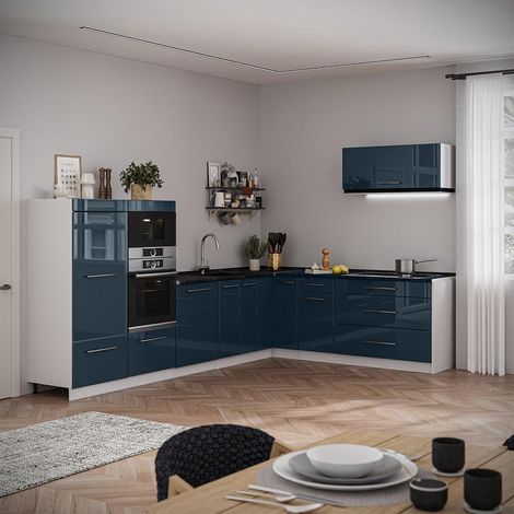 Cocina esquinera Fame-Line, Azul oscuro alto brillo/Blanco, 327 x 227 cm, ET Roble, Vicco (1/5)