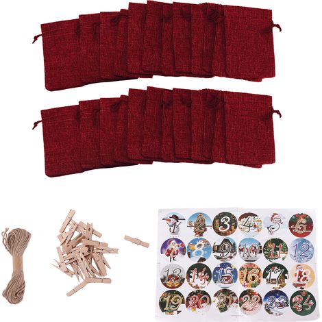 24 Weihnachtsgeschenktüten mit Kordelzug – Adventskalendertaschen mit Rotweinmotiven, Glückszahlen (1/5)