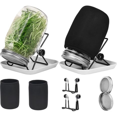 1000 ml keimgläser-Set, 2 Einmachgläser mit breiter Öffnung und 304 Edelstahl-Siebkeimdeckel, 86 mm Kaliber, mit Tablett, Ständer, Schattiertuchbeutel und Dosenbürste
