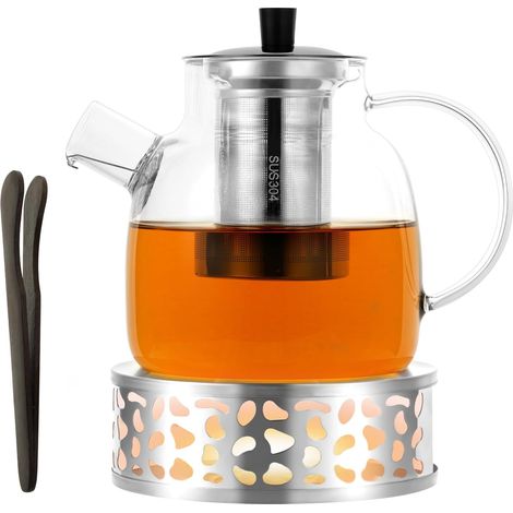 Théière avec Infuseur en Verre, 1.5L Théière en Verre avec Infuseur Amovible en Inox, Clair Résistant à la Chaleur, avec Chauffe, pour la Préparation de Thés en Vrac (1/5)