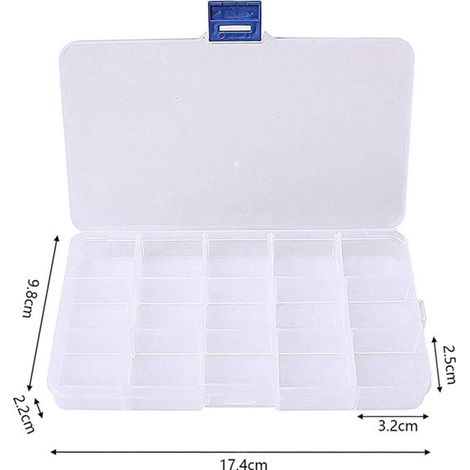 2 pièces Boîtes de rangement plastique blanc et bleu avec couvercle et plusieurs compartiments (1/4)