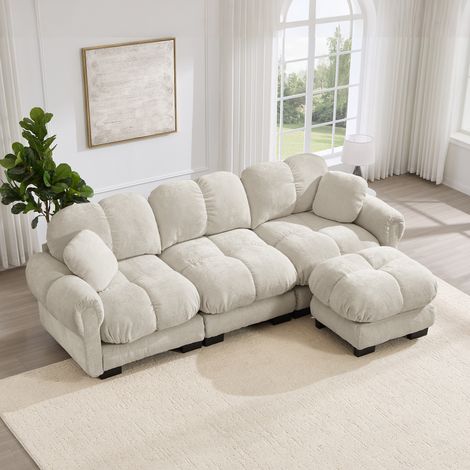 Divano a L 260x149x90 cm, con pouf mobile, cuscino piccolo, cuciture trapuntate, chenille, kaki chiaro (1/5)