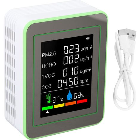 Compteur de qualité de l'air 6 en 1, CO2 PM2.5 HCHO TVOC, testeur de détection intelligent de température et d'humidité, alimenté par batterie, blanc et vert (1/5)