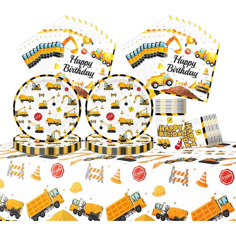 pelle mécanique Vaisselle de fête, 61 pièces Vaisselle pour anniversaire d'enfants, Ensemble d'assiettes en papier Véhicules de chantier, gobelets en papier, serviettes en papier et nappes (1/5)