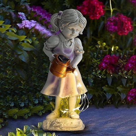 Statue de fille décorative – Décoration d'ange mignonne avec lumière LED solaire pour rebord de fenêtre, jardin, pelouse