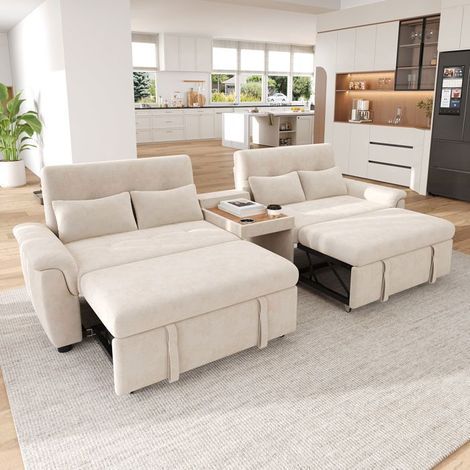 Canapé Modulable 254x148x84cm Tissu beige 4 places - Canapé convertible - Grand coffre de rangement, Table console, Porte-gobelets (1/5)