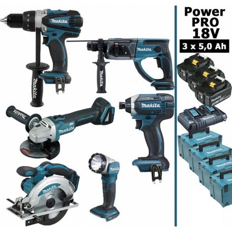Pack Makita Power PRO 6 outils 18V: DDF458 + DHR202 + DGA504 + DTD152 + DSS610 + Lampe + 3 batt 5Ah + 4 Coffrets (1/5)