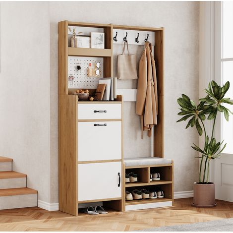 Mueble recibidor con banco 108,5x35x180 cm con cajón, puerta y compartimento abatible, en tablero de partículas, color blanco y roble (1/5)