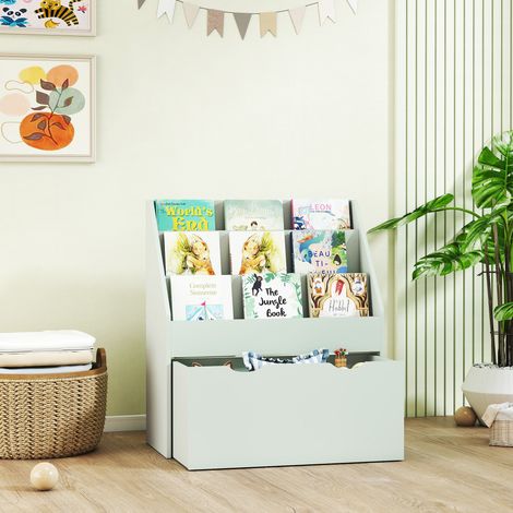 Étagère de rangement enfant 3 niveaux avec tiroir, bibliothèque compacte en bois vert, 62,5x30x70 cm, meuble multi-usage chambre (1/5)