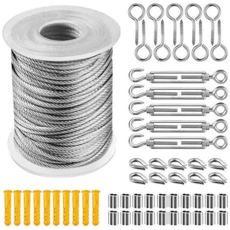 Promotion Corde En Acier Inoxydable à Suspendre Kit, CâBle En Acier Inoxydable RevêTu De Nylon, Tendeur Cable Acier Pvc, Pour Corde De Tente, Corde à Linge, Lustre D'ExtéRieur,Jardin (30m) (1/5)