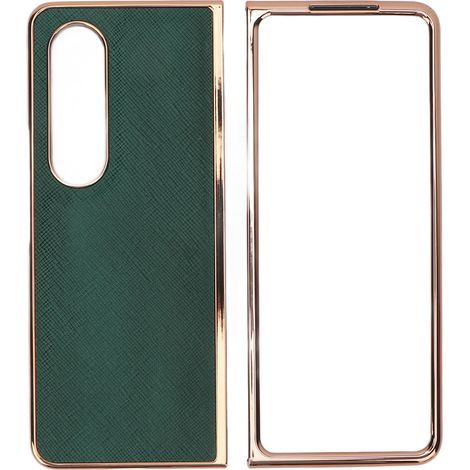 Étui de téléphone en cuir de vachette véritable grainé nano-électroplaqué pour téléphone pliable Samsung Galaxy Z Fold 4, coque résistante aux rayures, vert. (1/5)