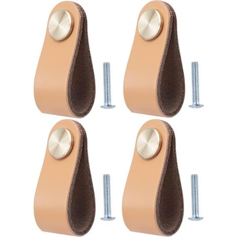 Juego de 4 tiradores de cuero para muebles, aptos para armarios de cocina y roperos — modelo de un solo orificio, 64 x 25 x 3 mm, amarillo (1/5)