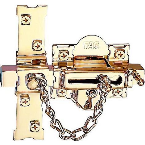 FAC cerrojo 307-l-80 b/70 dorada i , Cerrojo 307L de 80mm,con cadenilla de seguridadApertura izquierdaDoradoBombillo de 70mm tipo peraCon barra de acero calibrado d (1/3)