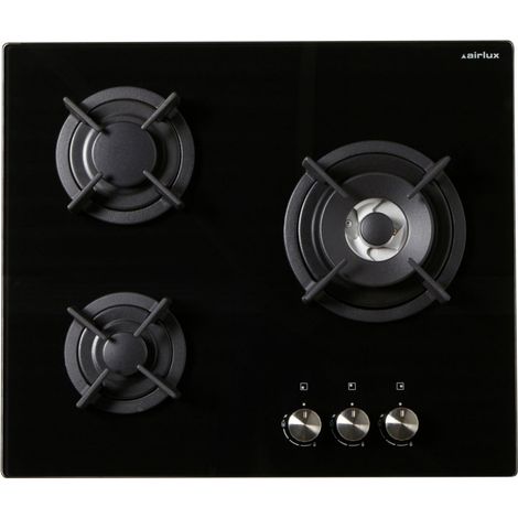 Airlux – Plaque de cuisson gaz 3 foyers 60cm – Puissance 6150W – Foyer triple couronne – Surface en verre noir – Injecteurs butane/propane inclus (1/3)