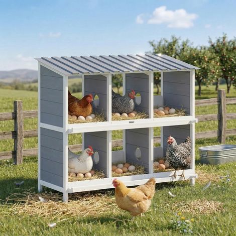 Nichoir surélevé en bois pour poules, avec 6 compartiments et 2 perchoirs, pour petit clapier, 102 x 50 x 91 cm, gris.