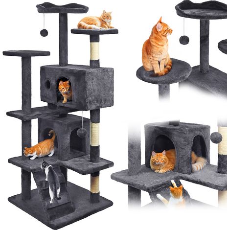 Tiragraffi per gatti, stabile, alto, 7 livelli, cuccia, grigio scuro, 138 cm