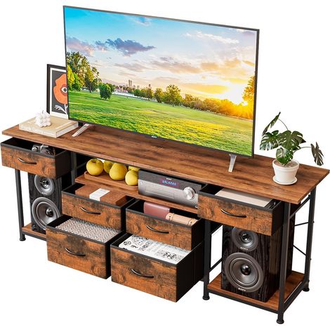 Meuble TV 160 cm, Support TV Jusqu’ à 75 Pouces, Meuble de Rangement avec 6 Tiroirs en Tissu, Table d’Appoint avec Étagères pour Salon, Chambre (Brun) (1/5)
