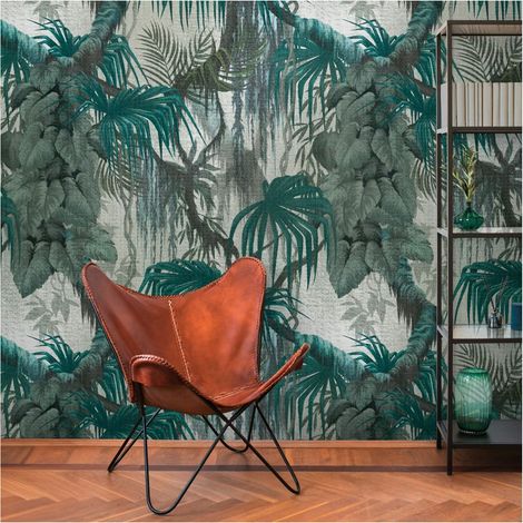 Photo wallpaper Profhome 398651 hot embossed non-woven wallpaper smooth with jungle elements matt green teal grey 1.59 m x 2.8 m (1/4)